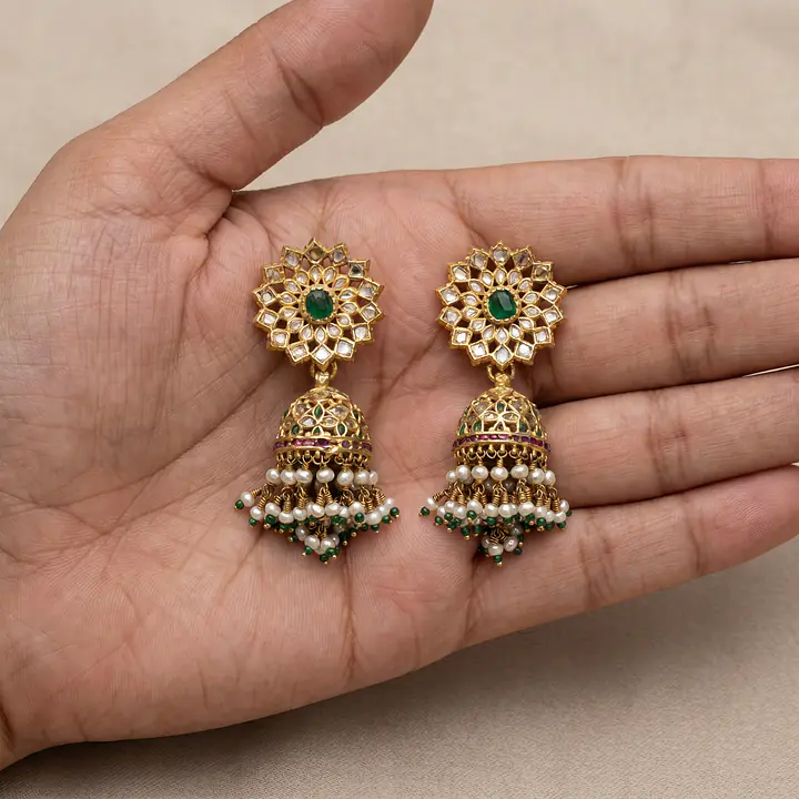 Polki JHUMKI with emeralds set in 18carat gold - Master