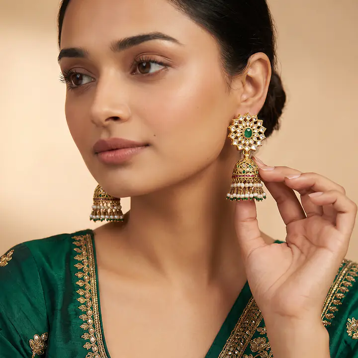 Polki JHUMKI with emeralds set in 18carat gold - Master