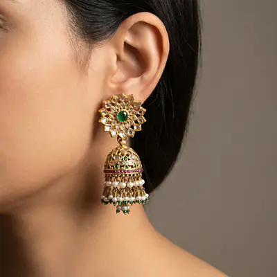 Polki JHUMKI with emeralds set in 18carat gold primary image